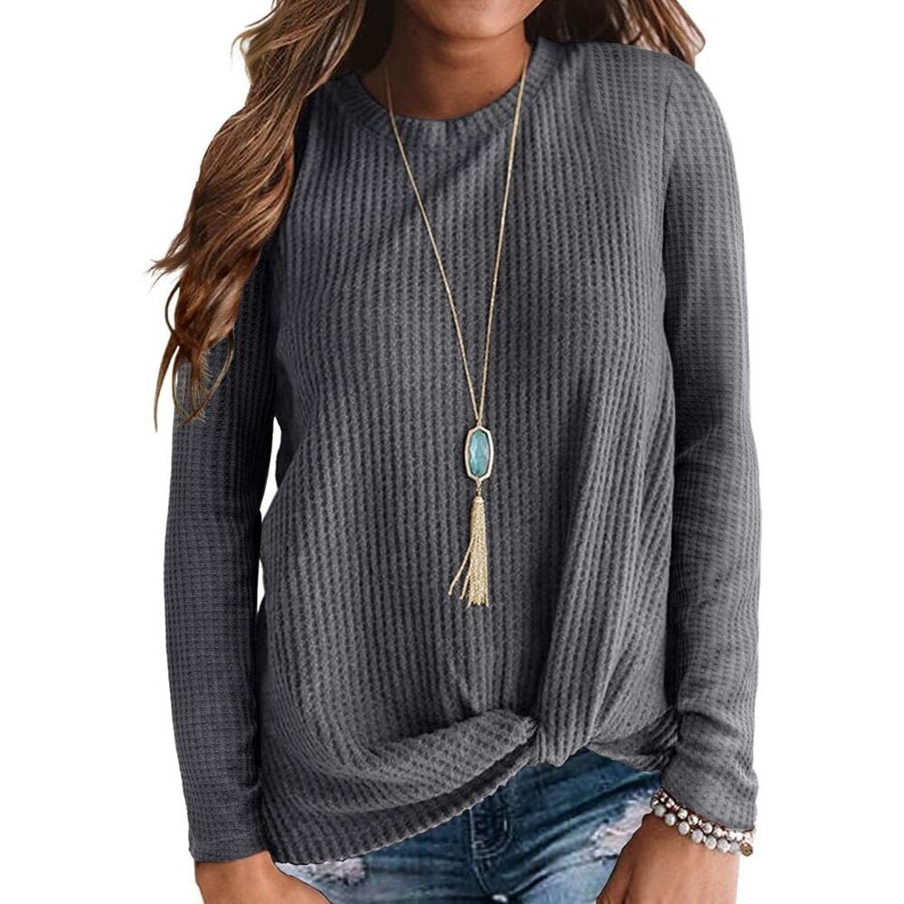 Womens Long Sleeve Knit Top Rayon Spandex Casual Twist Knot Loose Blouse